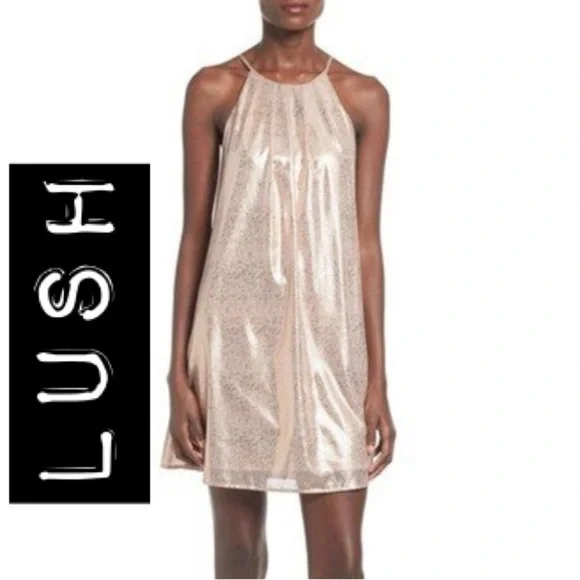 NWT LUSH Shimmery Cream Gold Mini Dress With Spaghetti Straps Size Medium - Picture 1 of 11